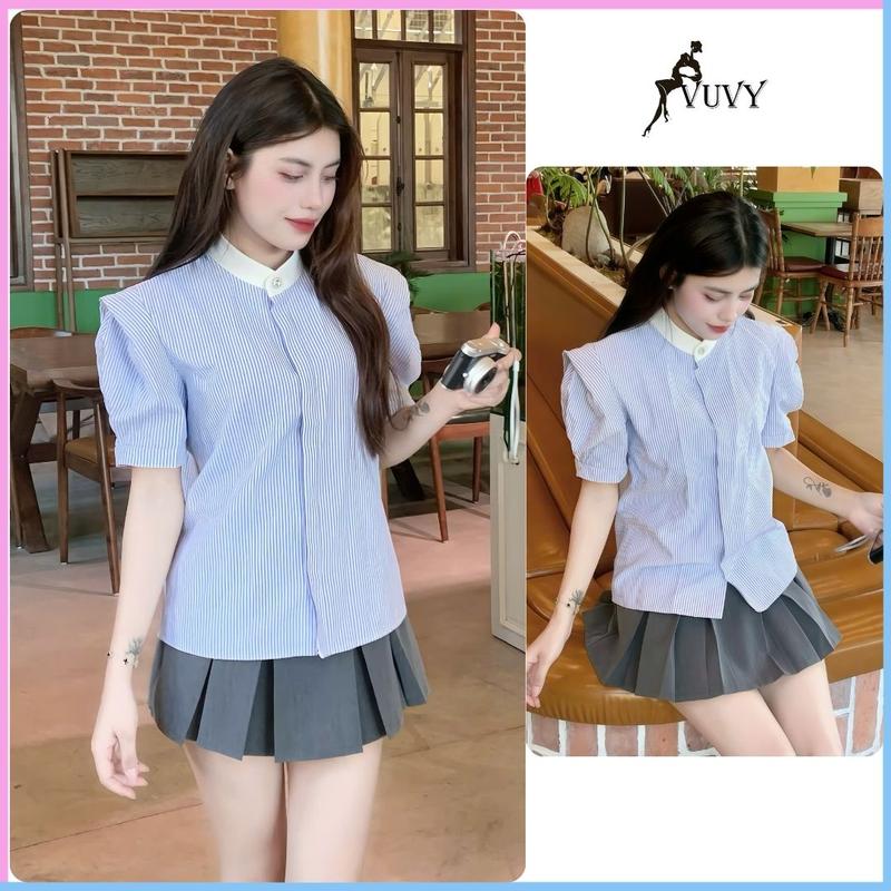 Áo sơ mi nữ kẻ sọc xanh phối cổ tàu tay cách điệu vải đũi khô phong cách Hàn quốc AT102