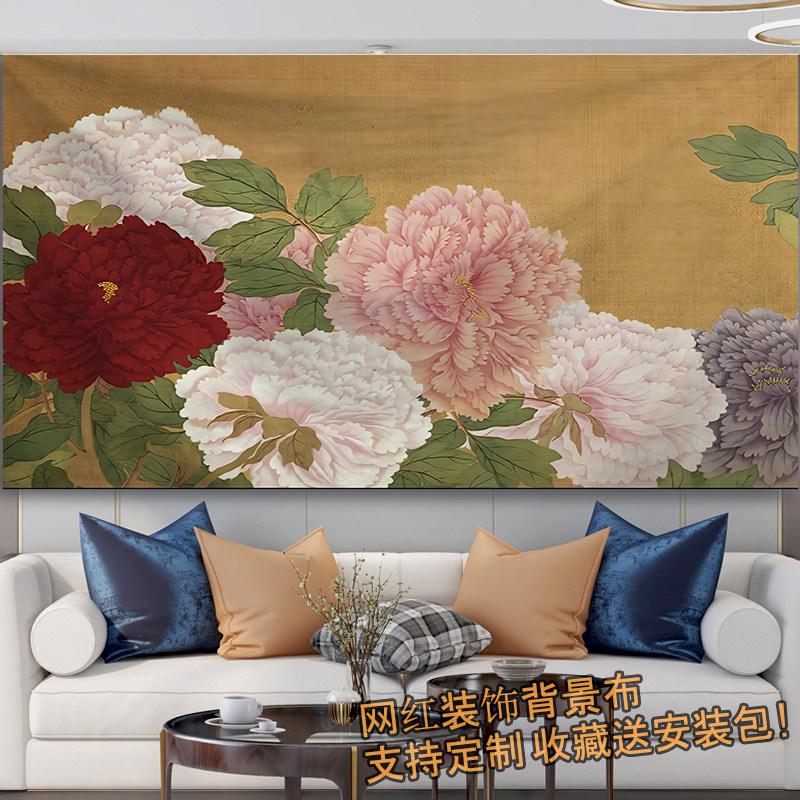 Lukisan peoni bunga nasional bergaya Tionghoa untuk dekorasi ruang tamu, kantor, dan penyewaan rumah, kain latar dinding, karpet gantung untuk live streaming populer