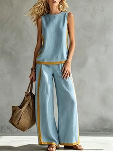 Conjunto de dos piezas para mujer de verano: top sin mangas con contraste y pantalón de pierna ancha, moda para el trabajo y ropa casual elegante