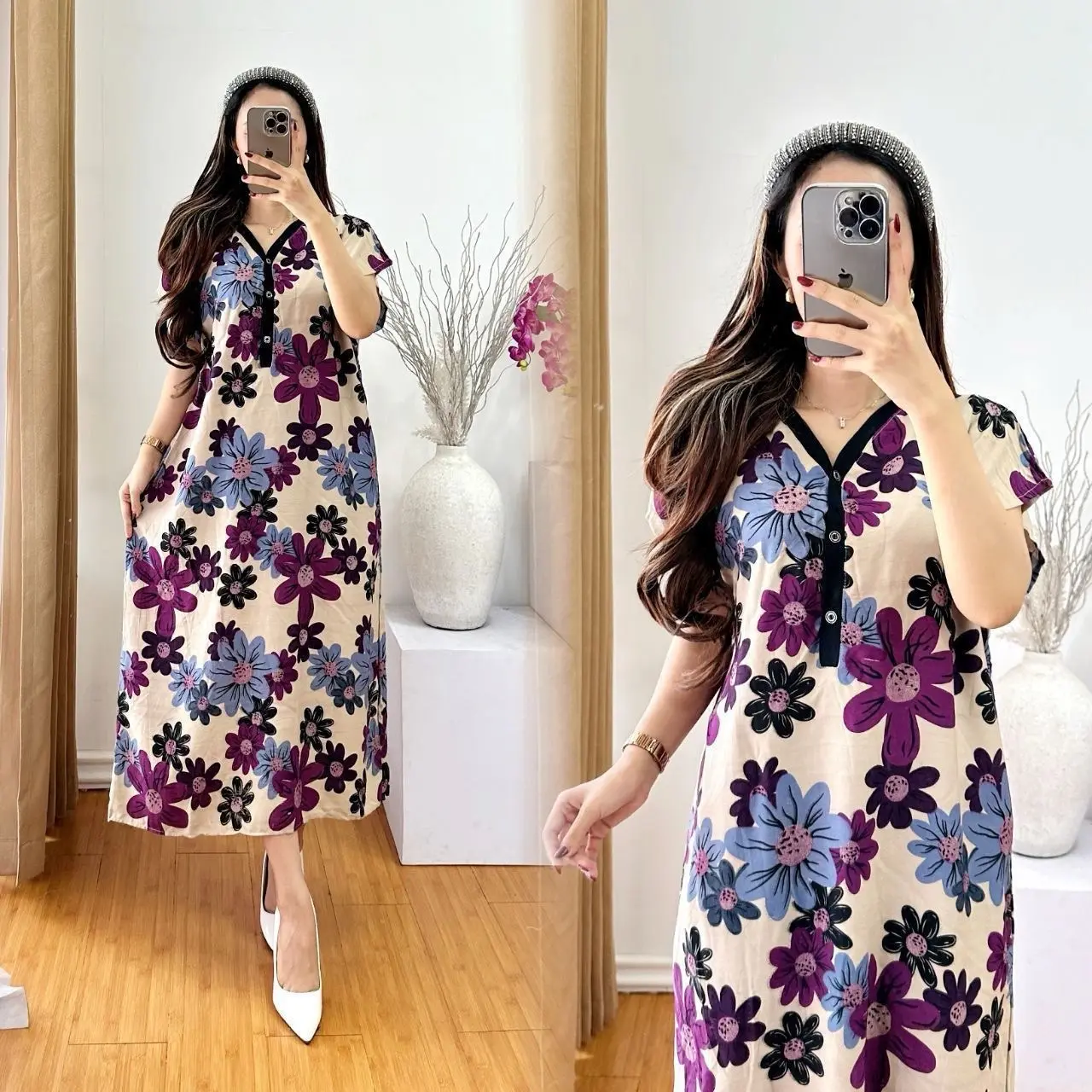 Daster Lowo Bunga  Daster Jumbo Wanita Kekinian Busui Frindly Rayon - Dress Kancing Tebal Bumil Lembut