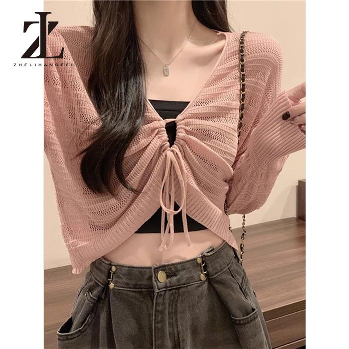 Trước Và Sau Rỗng Dây Rút Dệt Kim Kem Chống Nắng Cardigan Nữ Mùa Hè Mỏng Phong Cách Nhẹ Thoáng Khí Nhỏ Sling Áo Bên