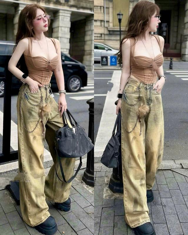   ỐNG RỘNG 28CM  QUẦN JEANS NỮ THIẾT KẾ ĐỘC LẠ VỆT SƠN LOANG ĐEN TRƯỚC SAU CÁ TÍNH  MÀU BỤI VÀNG CHẤT CHƠI SIÊU ĐẸP 