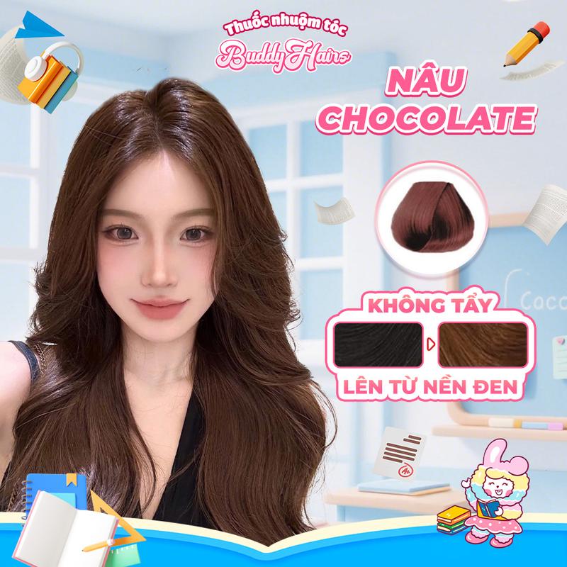 Thuốc nhuộm tóc NÂU CHOCOLATE, NÂU SOCOLA không cần dùng tẩy tóc của Buddyhairs, phù hợp học sinh công sở, tặng kèm găng tay mũ trùm