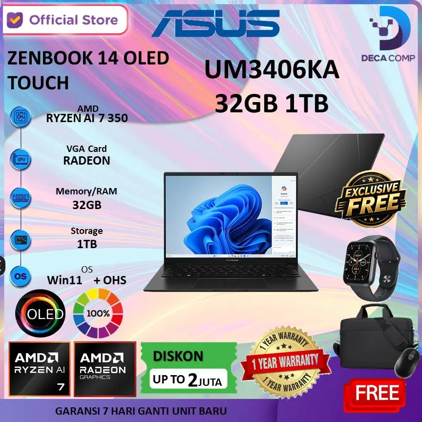 ASUS ZENBOOK 14 OLED TOUCH RYZEN AI 7 350 32GB 1TB W11 14INC WUXGA /UM3406KA