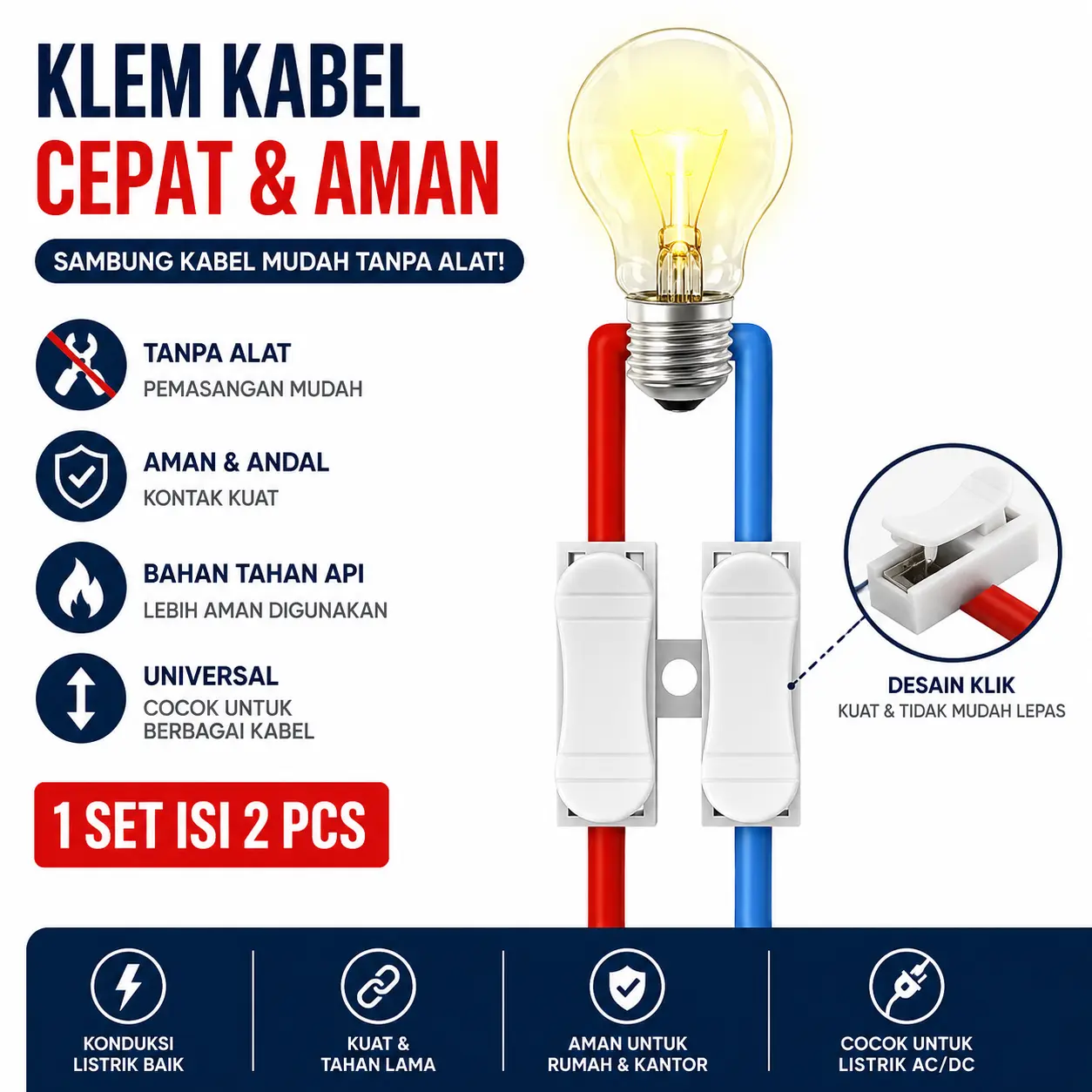 【NlGO】Terminal Sambungan Cepat Tekan – Sambung Kabel Tanpa Kupas, Kunci Kuat Anti Lepas – Solusi Pemasangan Lampu Downlight/Kabel Listrik, Wajib Punya untuk Perbaikan Instalasi Rumah!