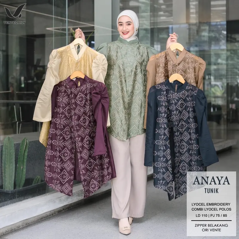 Tunik Kondangan Mix Brukat ANAYA Premium untuk Wanita Muslim Atasan Katun Kancing Remaja Dewasa Panjang Zipper Variasi Formal Casual Mewah Nyaman Simple Santai