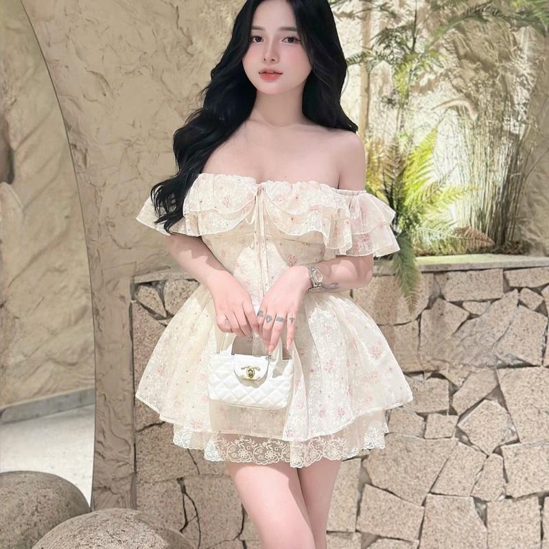 (D) Váy Trễ Vai Bèo Phối Ren Xinh Nữ Tính Tôn Dáng Che Khuyết Điểm từ 40-55kg