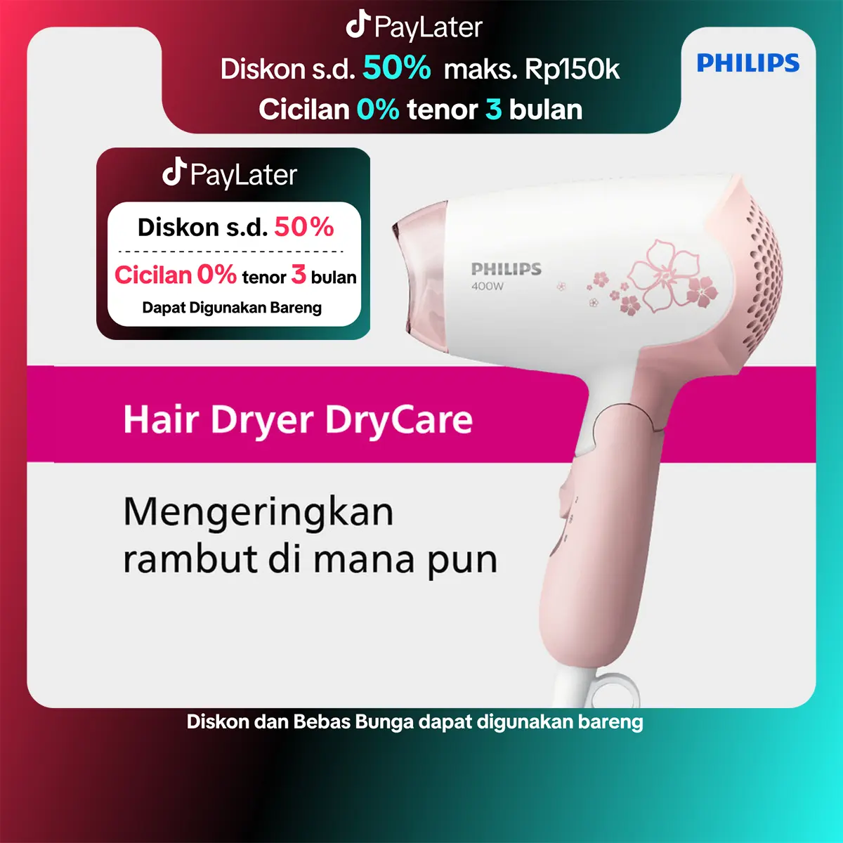 Philips | Hair Dryer DryCare | Pengering Rambut | DryCare 400 W dengan 2 Setelan Pengeringan & Angin Dingin | Pink | HP8108/02