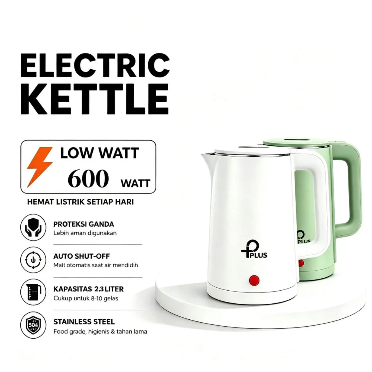 pplus Teko Listrik Pemanas Air Stainless Steel Boiling Water kettle listrik berkapasitas besar 2.3L 600w hemat listrik Warna Putih&Hijau