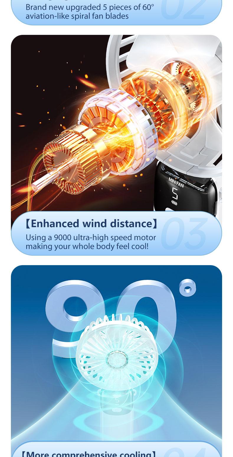 Product Introduction of YIOMIO Rechargeable Mini Fan Portable Rechargeable 5 Speed Strong Wind Handheld Small Electric Handy Fans Suitable For School Student Kid Outdoor with Phone Holder 10