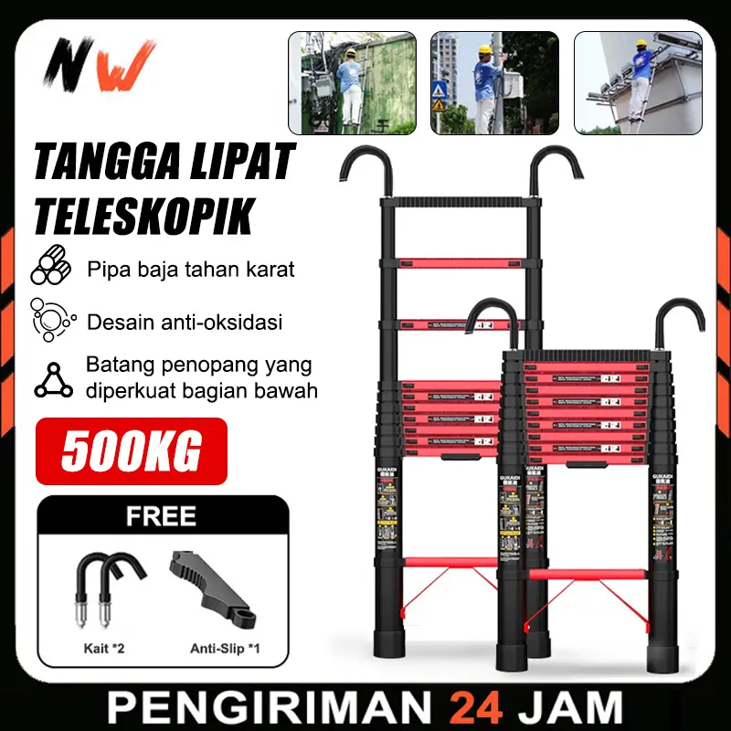 Tangga Teleskopik 5.1 Meter Premium - Tangga Lipat Portable Multifungsi dari Aluminium Anti Karat untuk Rumah, Bengkel & Kebun
