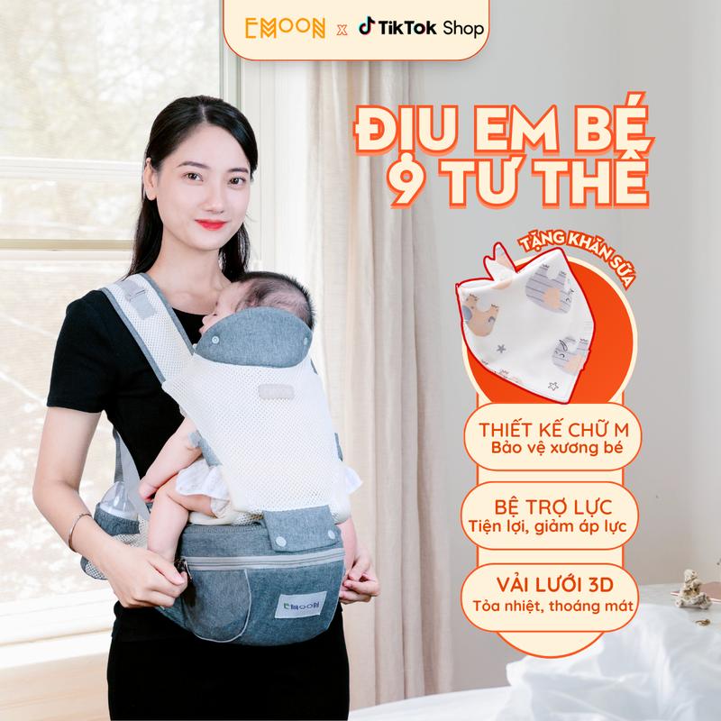 [TẶNG KHĂN SỮA] Địu Ngồi Trợ Lực EMOON, Có 9 Tư Thế Gọn Nhẹ Cho Bé Sơ Sinh Từ 0-3 Tuổi, Bề Mặt Vải Mềm Mại, Cao Cấp, Địu Cõng Em Bé địu trợ lực Emoon