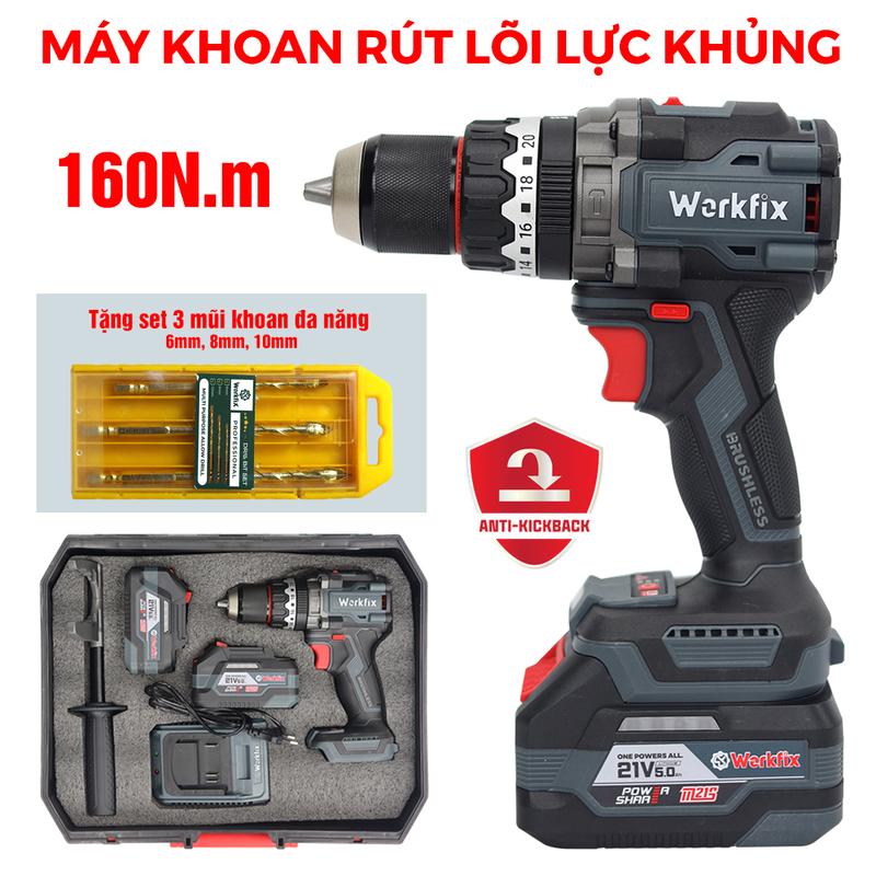 [Tặng 3 Mũi Khoan Đa Năng] Máy Khoan 3 Chức Năng 160N.m Workfix - ID160AK - Đầu Kẹp 13mm Auto Lock - Chống Lật Cổ Tay Anti Kickback  - Brushless Motor - Chân Pin Phổ Thông - 2 Pin 21V/5Ah PLUS - Có Tay Cầm Trợ Lực - Bảo Hành Chính Hãng 6 Tháng