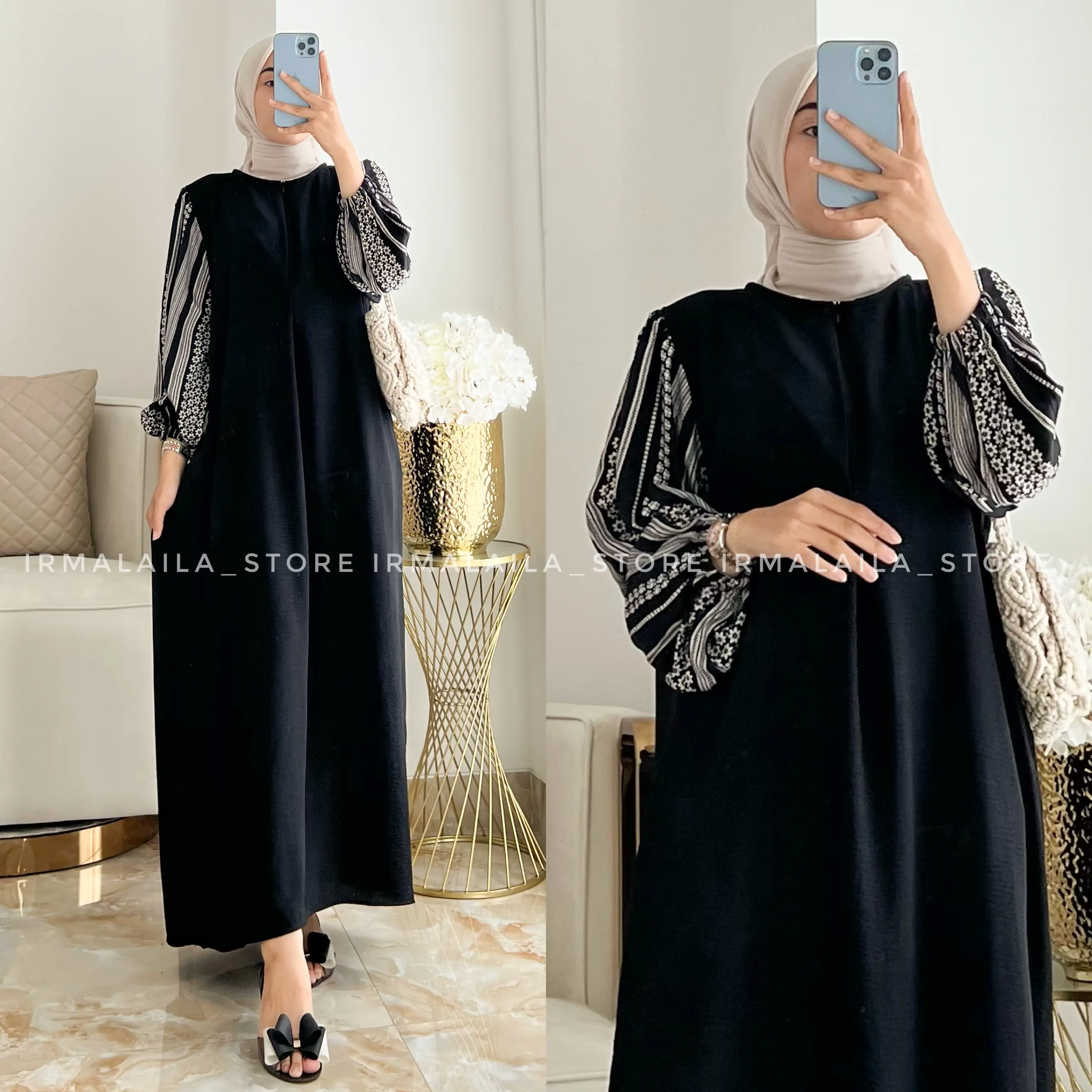 Irmalaila - Amanda Dress Gamis Panjang Wanita Dewasa Muslim Crinkle Mix Motif Rayon  Tangan Karet Simple Bumil  Simple Bumil Busui By Zipper
