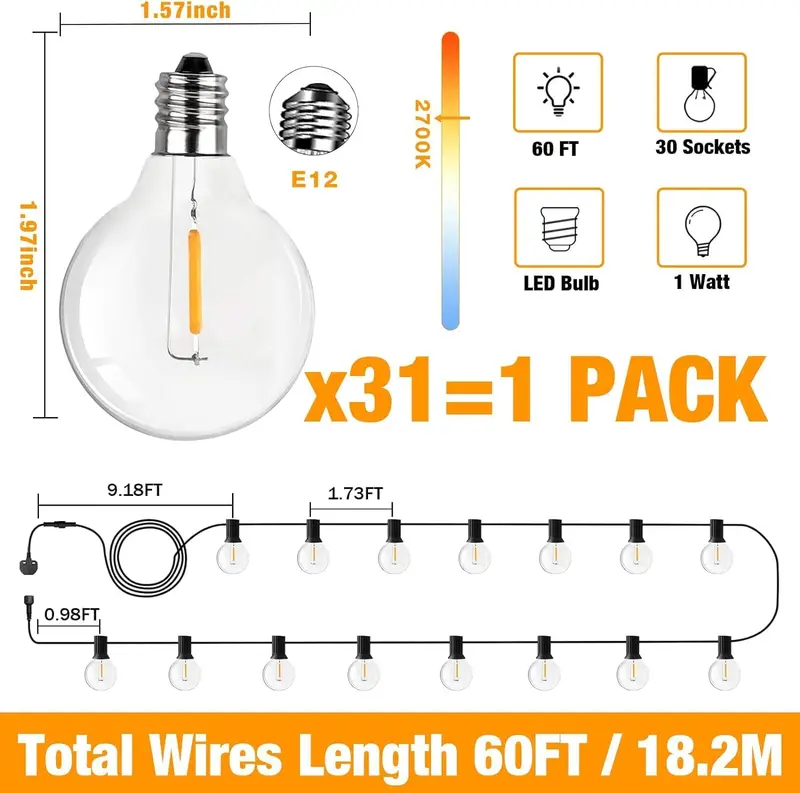 Outdoor String Lights Mains Powered, 60FT G40 LED Festoon Lights Outdoor, IP45 Waterproof Globe Garden String Lighting with 30+1 Bulbs, 2700K Indoor/Outside Patio Lights for Décor Cafe Party 2