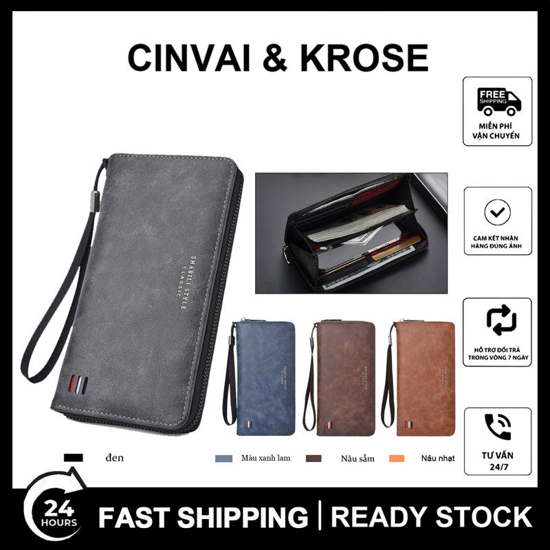 Ví nam, kiểu cầm tay, dài, có túi đựng thẻ ID, túi đựng điện thoại di động, ngăn đựng thẻ, dây kéo tiền xu, dung tích lớn, làm bằng chất liệu da PU, thiết kế cổ điển, tiện lợi, thích hợp cho ví hình chữ nhật