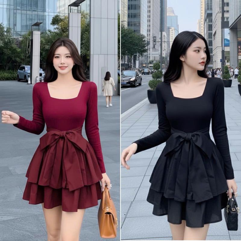  Đầm Váy Xòe Công Chúa Baby Doll Cổ Vuông Tay Dài Bigsize 50-95kg Thời Trang Noel Tết Size M L XL 2XL Cho Trọng Lượng 50-95kg Đầm Voan Set Đồ Noel Đỏ Tết 
