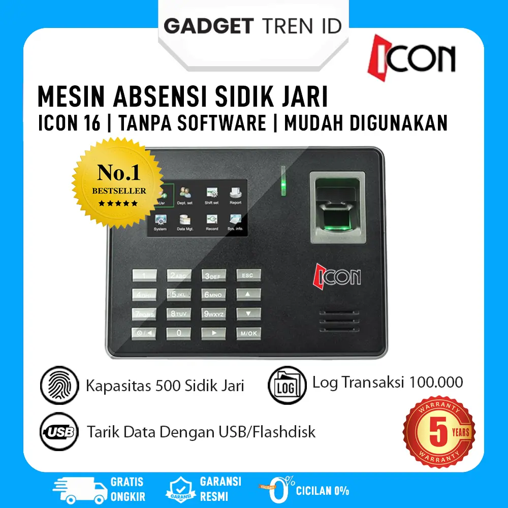Mesin Absensi Sidik Jari Bahasa Indonesia ICON 16 | Tarik Data Pakai USB Tanpa Software Bergaransi Warna Hitam