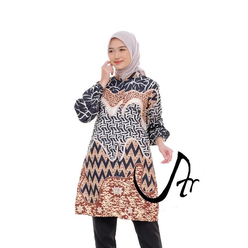 Baju Batik Wanita  Atasan Tunik Modern Lengan Balon Karet Kancing Depan Full Kerah Shanghai 5