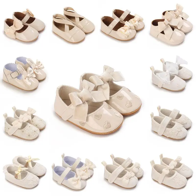 New Baby Apricot Mary Jane Shoes Fashion Bow Princess Shoes Newborn Bed Shoes Preschool Rubber Sole Walking Shoes