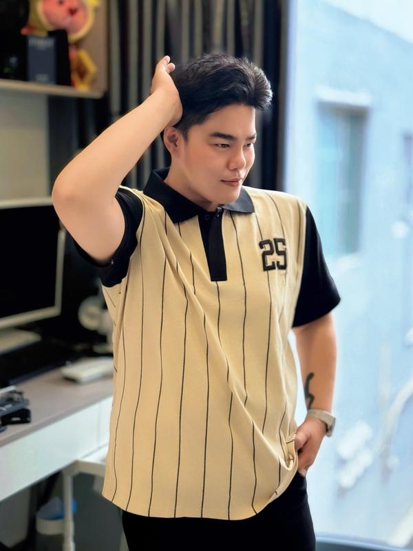 [Big Men] Áo thun polo cotton thêu số 25 phối sọc dọc thời trang bigsize nam< 135 kg