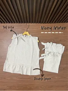 Viory inner salur tanpa lengan linen ruffle sleeveless top garis vest cardigan cream | inner tanpa lengan terlaris | inner stripe