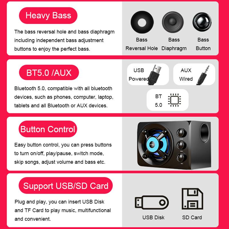 Loa âm thanh nổi 3D HIFI đầy màu sắc, đèn LED nặng, AUX, USB, có dây, không dây, Bluetooth , Âm thanh, rạp hát gia đình, loa dạng thanh vòm, TV Củ Loa Nghe Nhạc 5