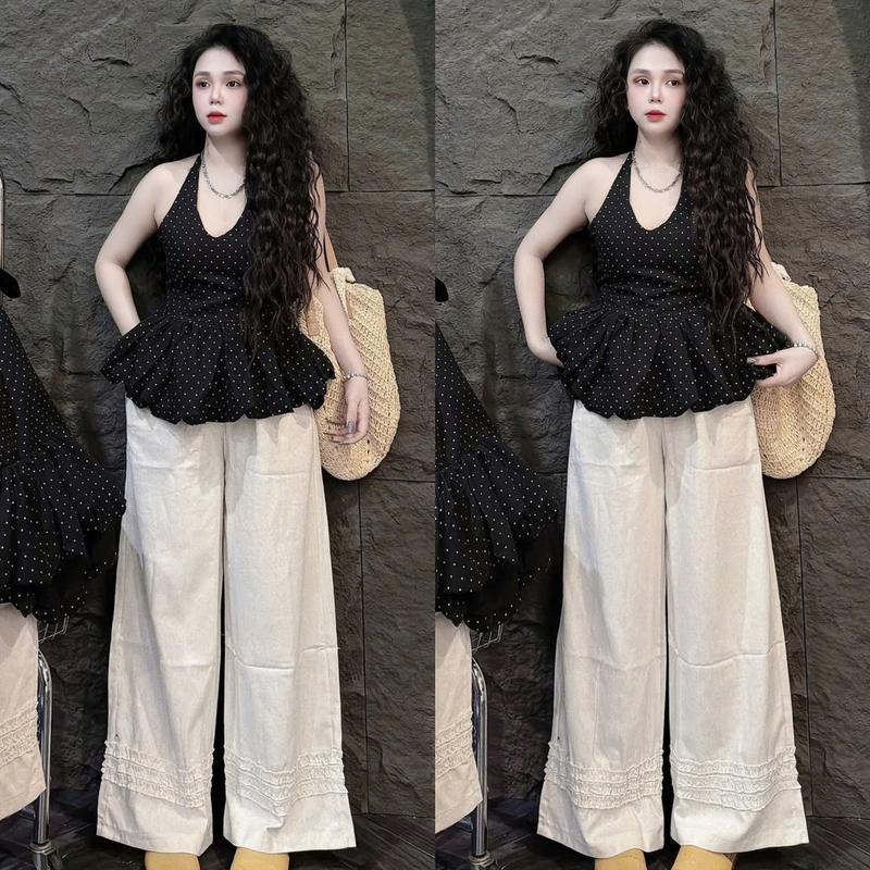 Set đồ nữ áo thiết kế cổ yếm họa tiết chấm bi dáng bí [Có Mút] kèm quần dài ống rộng phối bèo xinh xắn dành cho các nàng diện đi chơi.