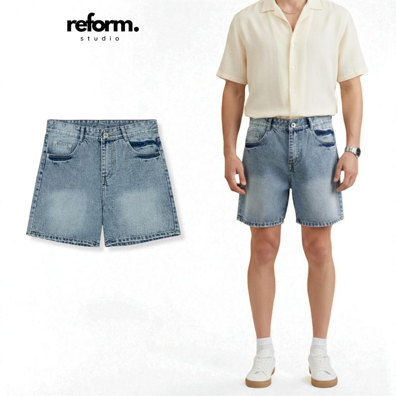 Quần Jean Short Nam, Quần Đùi Ngắn Trên Gối Sky Blue Wash Reform RF-F8 Menswear Pants Có Túi Xanh