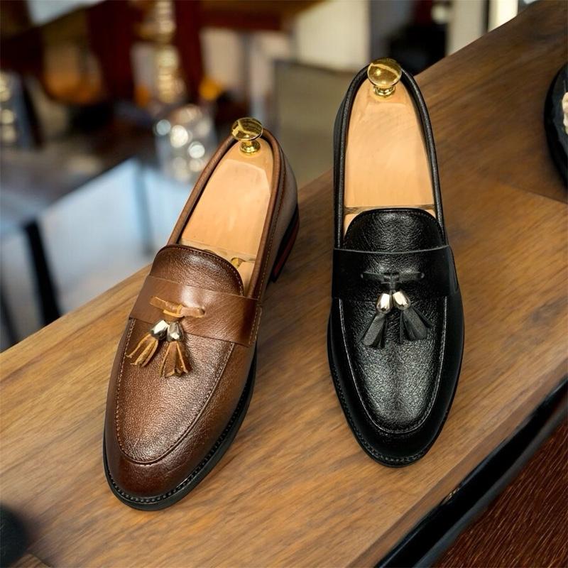 Giày Lười Đế Fip Gỗ Chuông Bạc Da Sần