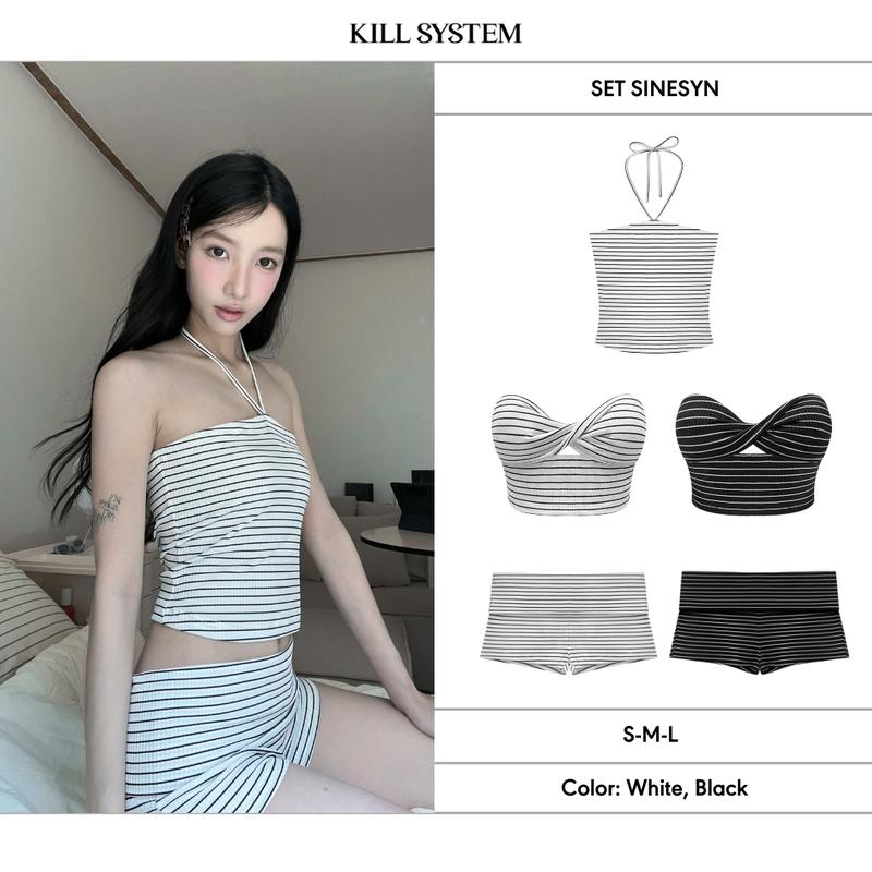 Set áo yếm áo ống xoắn ngực + quần short cạp thấp kẻ sọc ôm tôn dáng SINESYN - KILLSYSTEM
