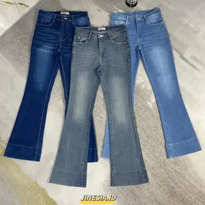 Jennie Cutbray Jeans Highwaist Lipatan Kaki Besar Celana Jeans Stretch Wanita Vintage Panjang Nyaman