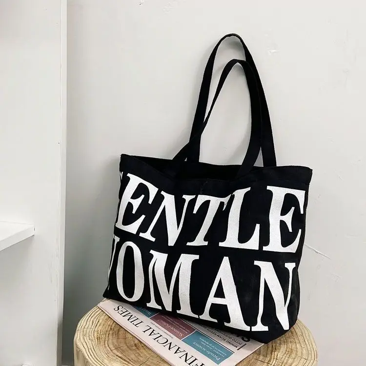 Gentle women's bag, canvas bag, niche, large capacity letter shoulder bag, college student bag, class tote bag, gentle women's bag