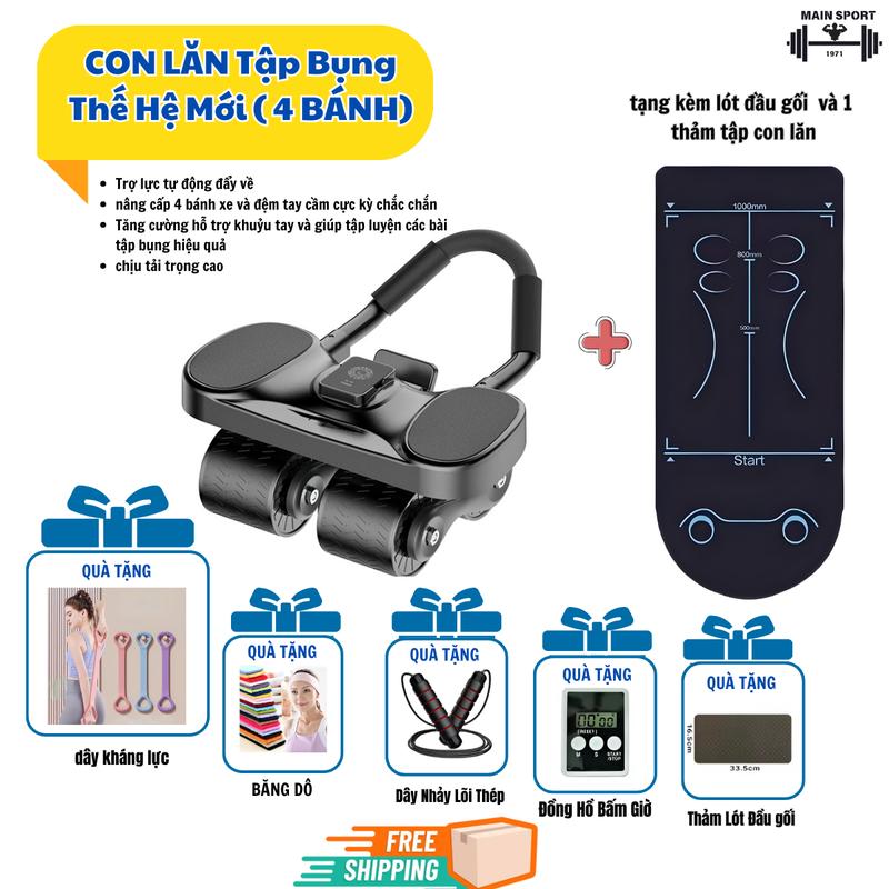 [Siêu Sale Tháng 10 ] CON LĂN TẬP BỤNG 4 Bánh THẾ HỆ MỚI 2025 - Trợ Lực Tập Bụng - Tập GYM - Eo [ Tặng Kèm Thảm Tập Con Lăn và lót đầu gối + Đồng Hồ Bấm Giờ ] dung cutap bung Tập Cơ Bụng Cao Su