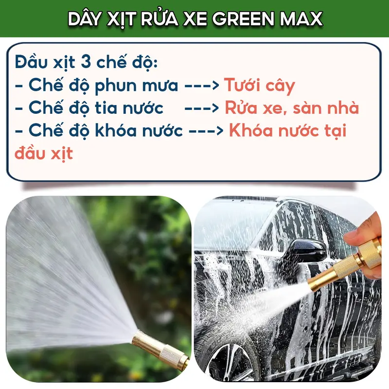 Bộ dây MÀU XANH (ỐNG NHỎ 14MM) 3M,5M,10M,15M,20M,30M xịt rửa xe , tưới cây , dây nhựa dẻo ( phi 14mm ) , đầu nước cấp gắn tán đồng thâu răng trong 21 , có gắn vòi xịt chất liệu đồng thâu 1