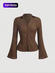 Blusa de mujer con manga con volante y botones en la parte delantera, Camiseta informal de manga larga con cuello para el día a día, Ropa de mujer para todas las temporadas