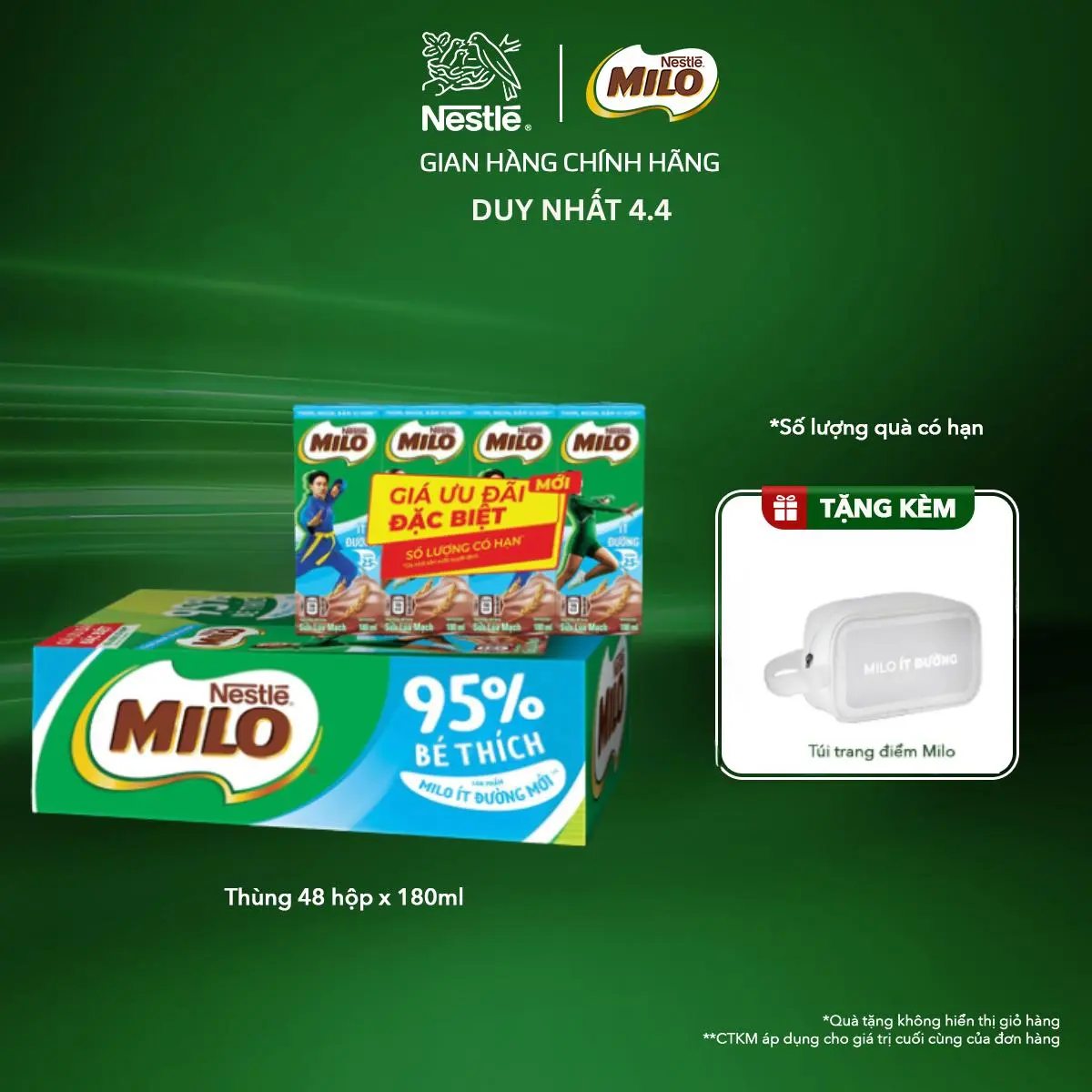 [Voucher giảm thêm đến 50k] Nestlé VN Sữa lúa mạch Nestlé MILO ít đường thùng 48 hộp x 180ml (12x4x180ml)-ST