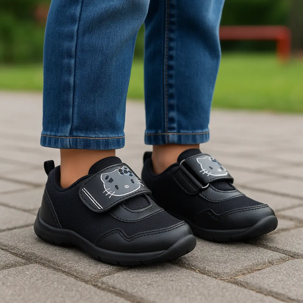 NENANA Sepatu Anak Perempuan Sekolah PAUD TK SD Lucu Helo Kity Hitam Dengan Sabuk Pengencang Nyaman Untuk Semua Musim Fashionable Dan Tahan Lama