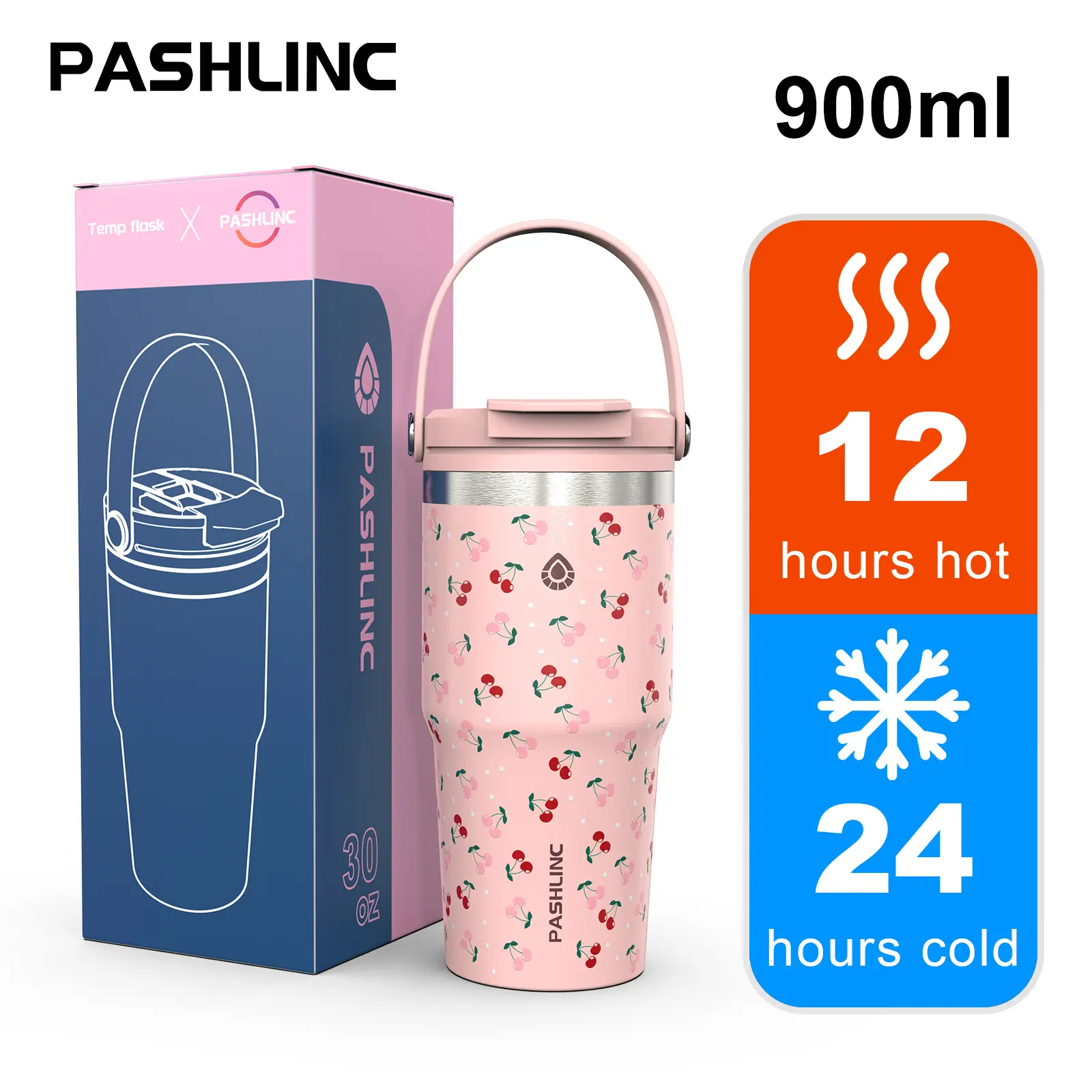 【Ready Stock】 PASHLINC Tumbler 900ml - Tahan Panas/Dingin 24 Jam, Anti Tumpah, Desain 2in1 & Vacuum Multifungsi Cangkir Baja Plastik