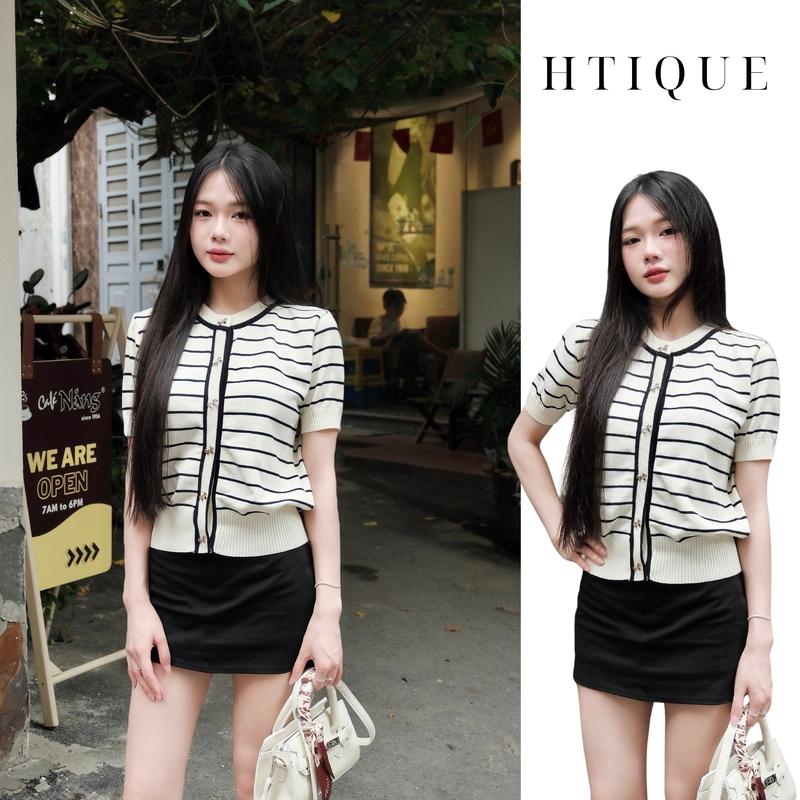 BST hè HTIQUE DEAL mở bán Áo len kẻ ngang cúc nơ thanh lịch Áo len dệt kim sang chảnh HT21