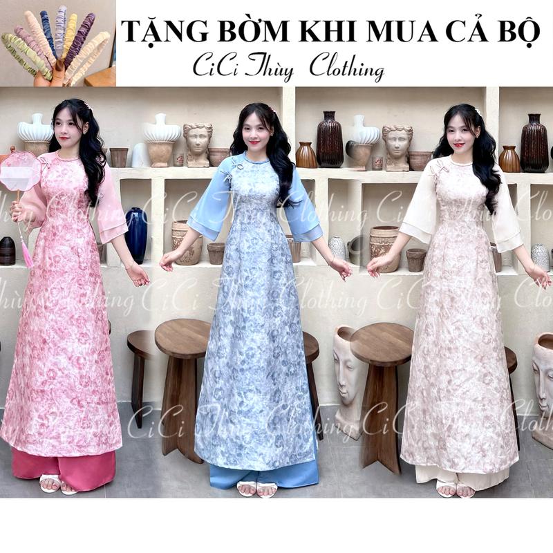 (Sẵn Hàng) Áo Dài Tết 2026 Áo Dài Cát Tường Đan Cổ Đính Nơ Ngọc Dáng Eo Tay 2 Lớp Gấm Châu Sa - CiCi Thuỳ Clothing