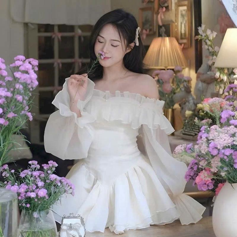   Kèm Quần BH   Đầm Voan Công Chúa Bồng Bềnh Thiết Kế Bẹt Vai Bigsize 60 đến 90kg Chất Vải Thô Thêu Dáng Ngắn Có màu Kem Hồng Đen Xám xanh Để Đi Tiệc Hoặc Đi Chơi 