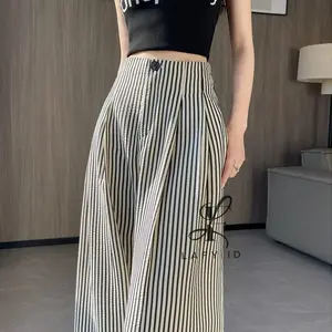 Lafy.id - Stripe Pants - Celana Panjang Wanita Salur Wide Leg Pants Stripe Kulot Gombrong Bahan Katun Model Terbaru