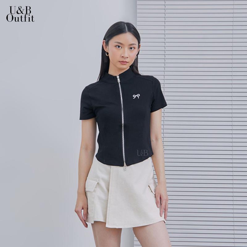 U&B - Zipper Crop Top C-194 | Atasan Crop Wanita Short Sleeve (All Size) 1