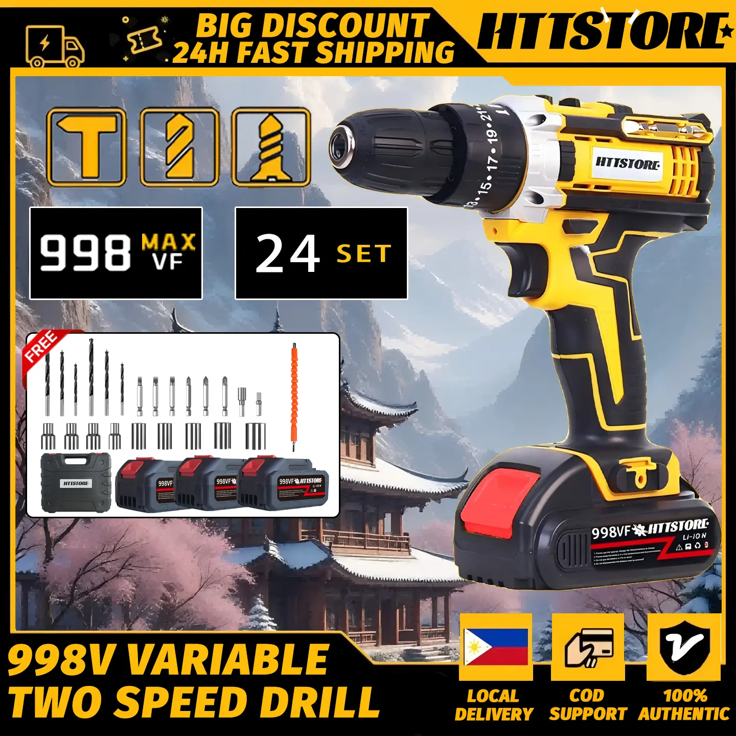 HTT Drill Cordless Set Drill Battery Hand Drill lmpact Drill Drill Bits Screwdriver Hammer cordless  drill impact  drill powertools Rechargeable COD