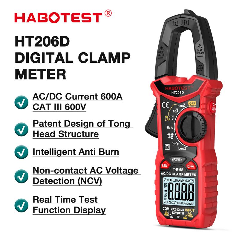 Đồng Hồ Kẹp kỹ thuật số, HABOTEST, HT206A, HT206B, HT206D, 600A, AC / DC Dòng điện, Đèn nền hai màu, Vôn kế NCV, Ampe kế, Đi kèm với vỏ da, Không bao gồm pin