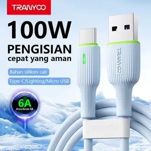 TRANYOO T-X22 kabel data ponsel kabel pengisian cepat 6A panjang 1 meter, USB ke Micro USB/Type-C/Lightning, cocok untuk Samsung VIVO OPPO Xiaomi Redmi Poco Infinix iPhone 8/9/X/Xs/11/12/13/14/15/16 iPad tampilan pengisian LED bahan silikon ultra lembut