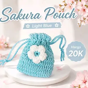 Sakura Pouch Light Blue - Tas Rajut Biru Muda dengan Bunga Putih