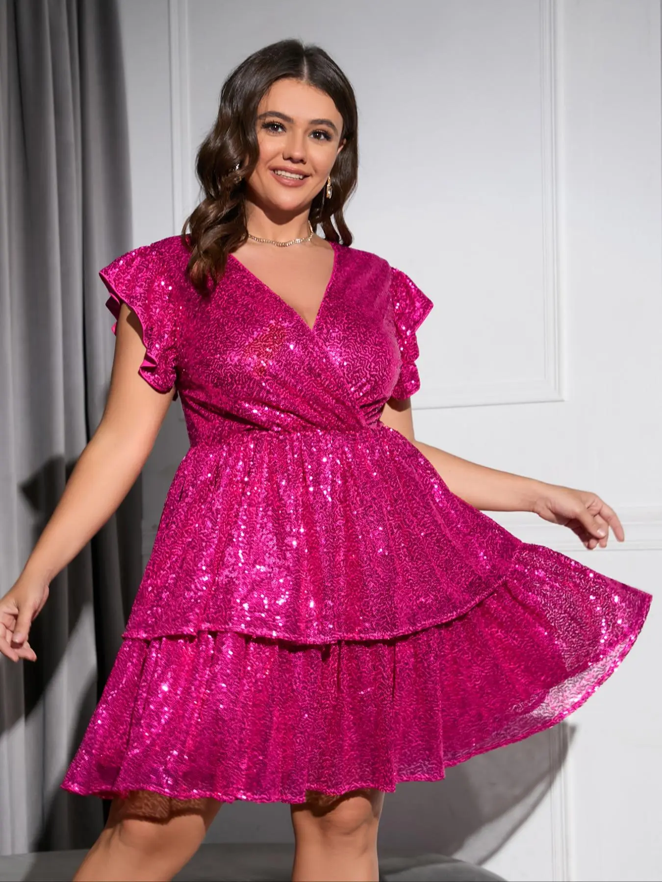 Women's Plus Size Basic Wrapped Shortsleeve V Neck Glitter Sequins Dress,  Chic Butterfly Sleeve Layered Hem A Line Party Evening Gown, Summer Clothes Women