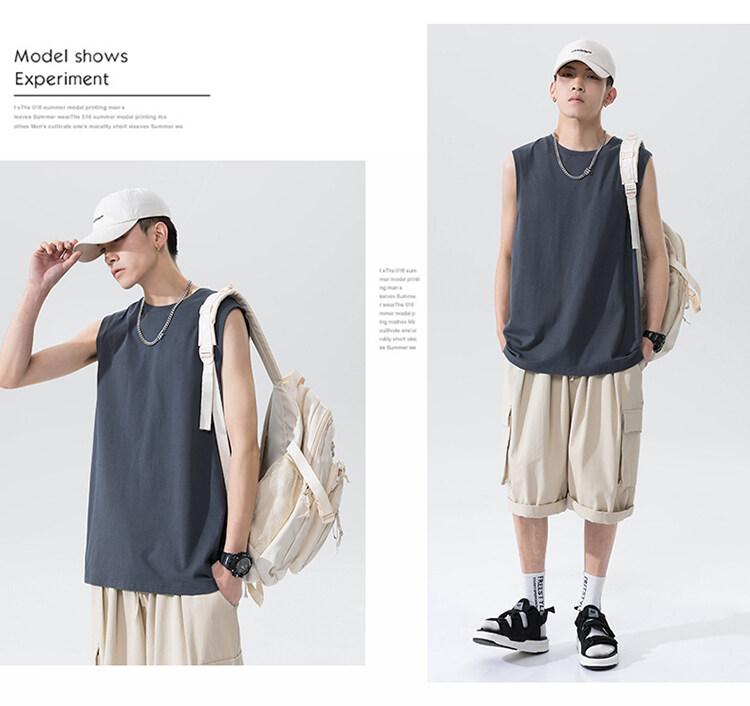 Product Introduction of Cotton short sleeve vest men's summer loose simple public version solid color black multi-color T-shirt 14